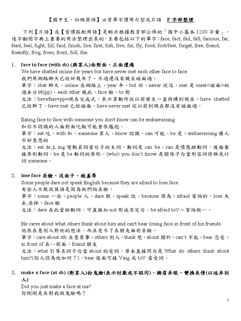 初級英文片語慣用語f字部