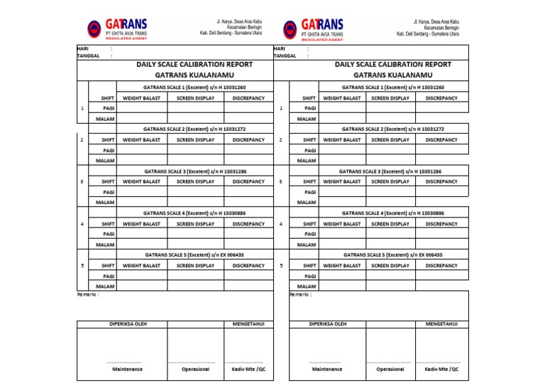 Daily Scale Calibration Report (Timbangan) PDF