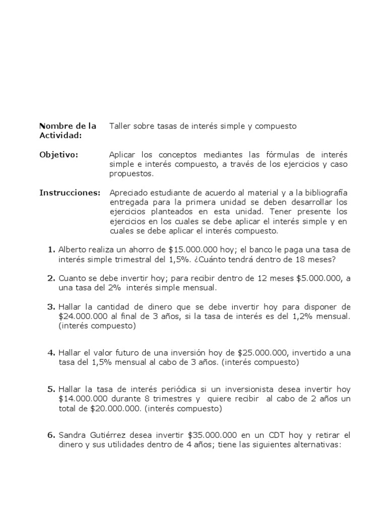 Taller de Interés Simple y Compuesto | PDF | Interés | Dinero