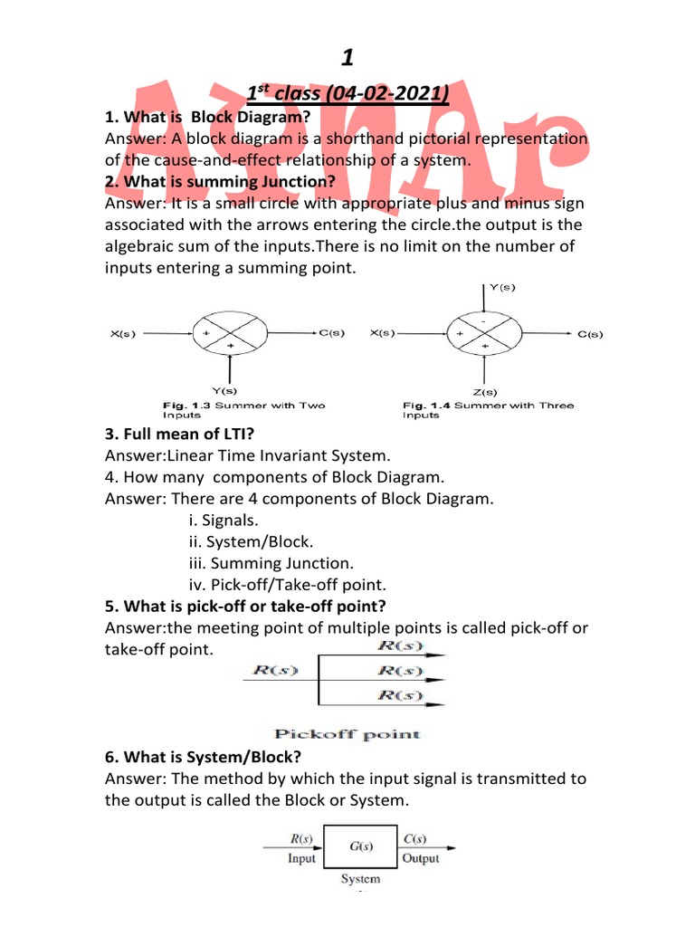 1 Class (04022021) 1. What Is Block Diagram? 2. What Is Summing