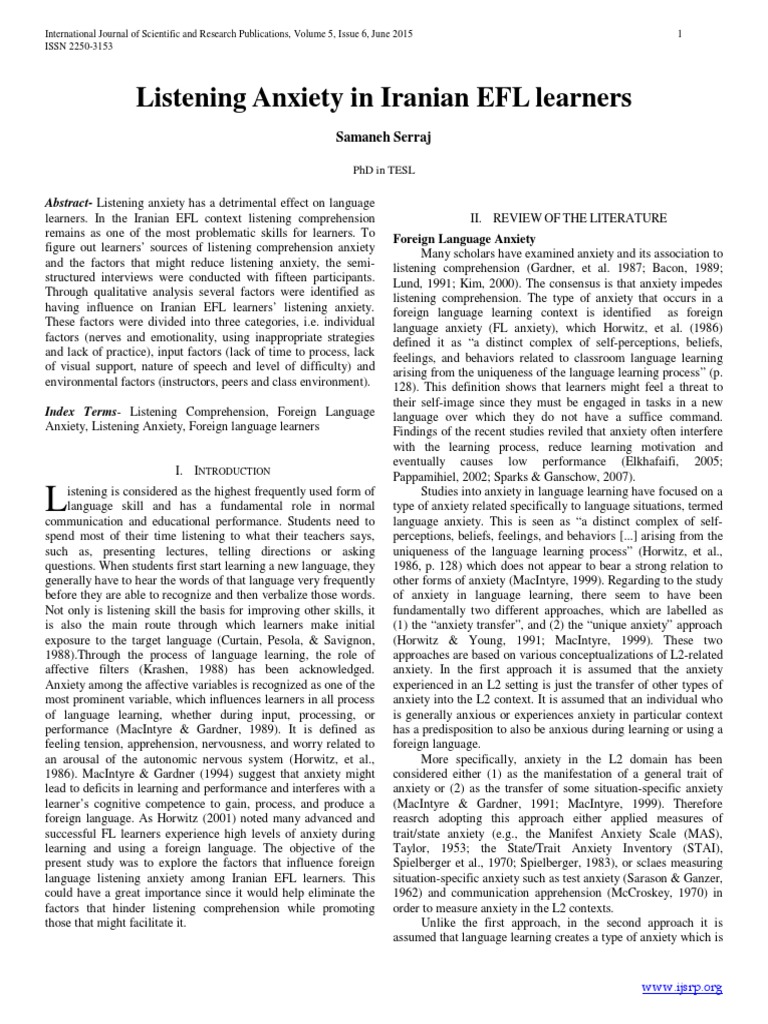 Listening Anxiety in Iranian EFL Learners | PDF | Reading Comprehension ...