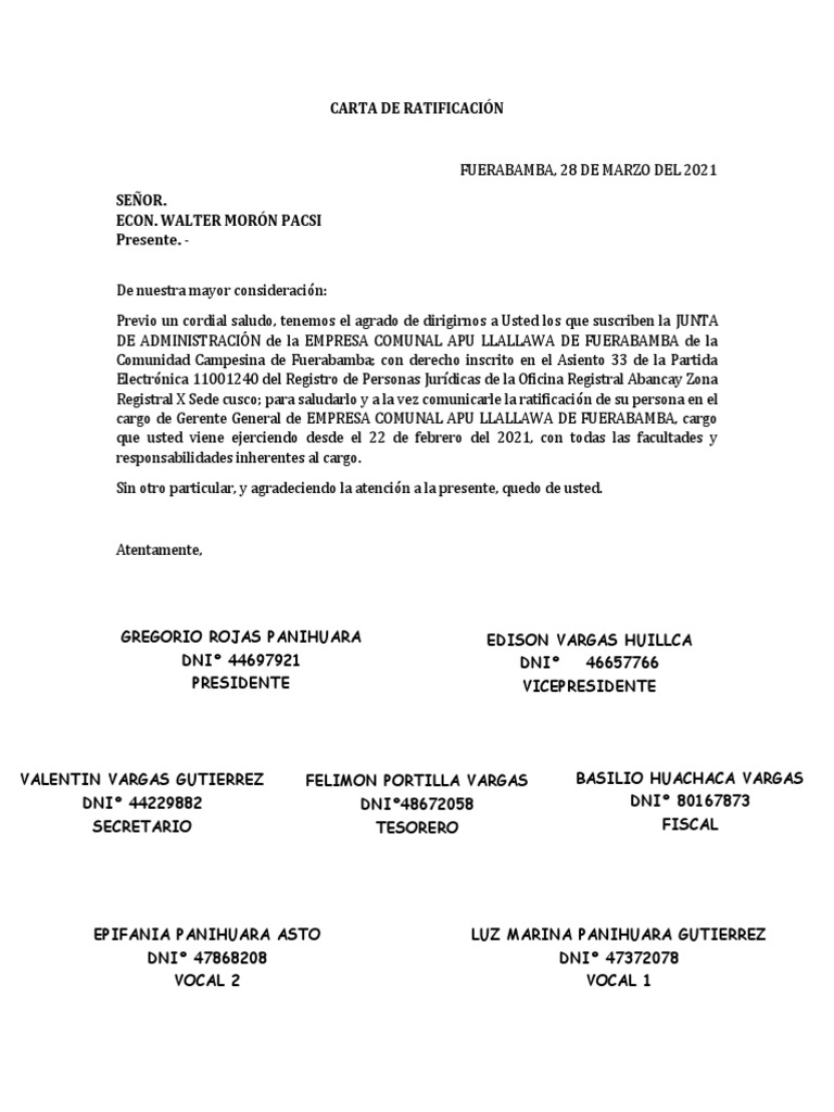 Ratificación de Cargo en Apu Llallawa | PDF