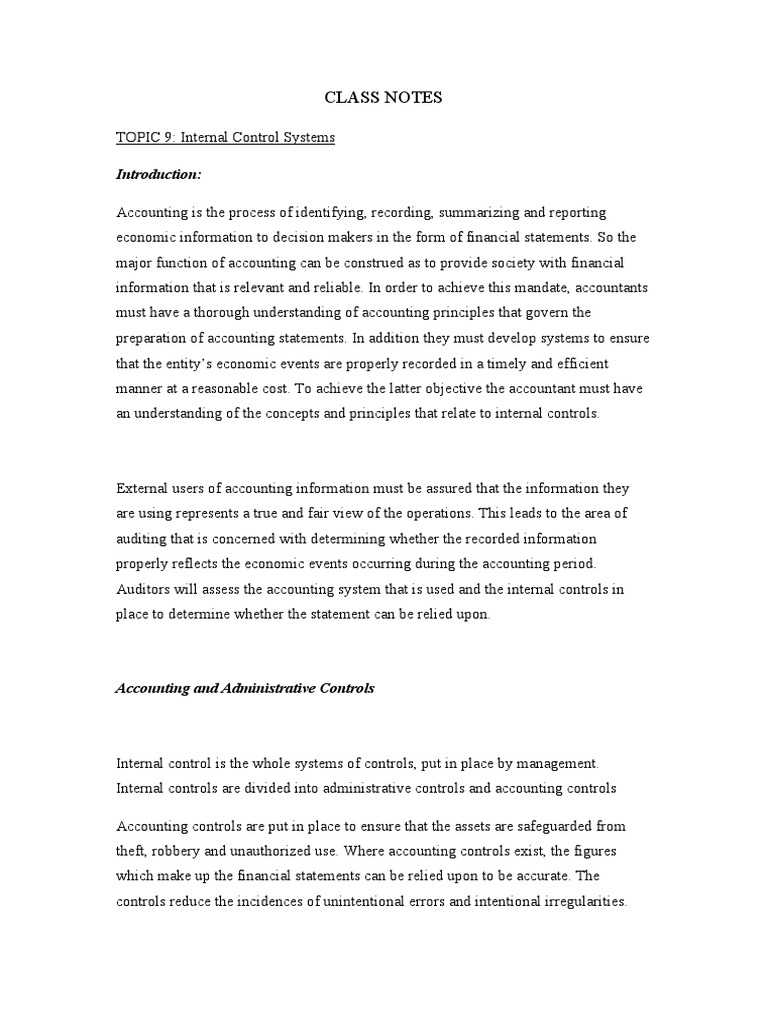 CLASS NOTES Topic 9 Internal ControlSystems | PDF | Internal Control ...