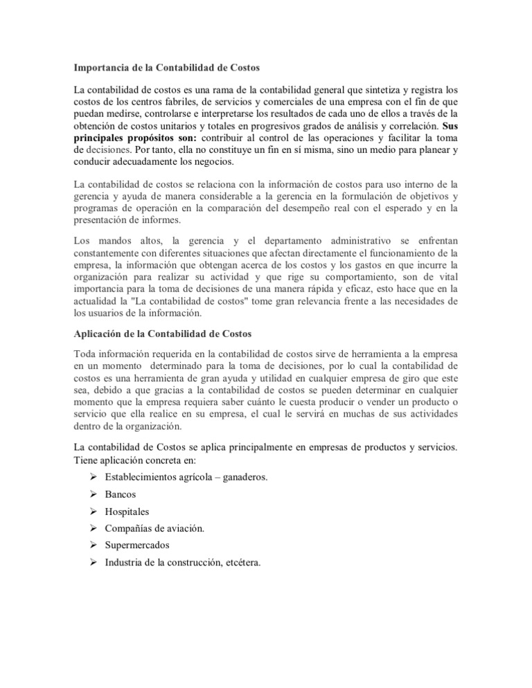 Importancia de la Contabilidad de Costos | PDF | Contabilidad de costos ...