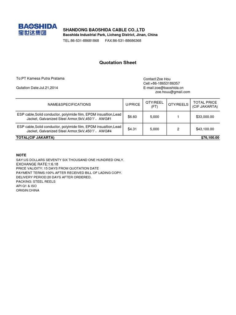 ESP Cable Quotation to Jakarta | PDF