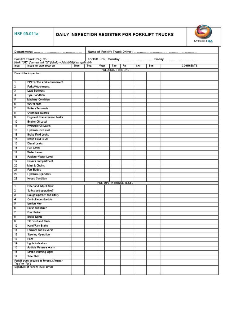 HSE 05-011a Daily Inspection Register For Forklift Trucks | PDF
