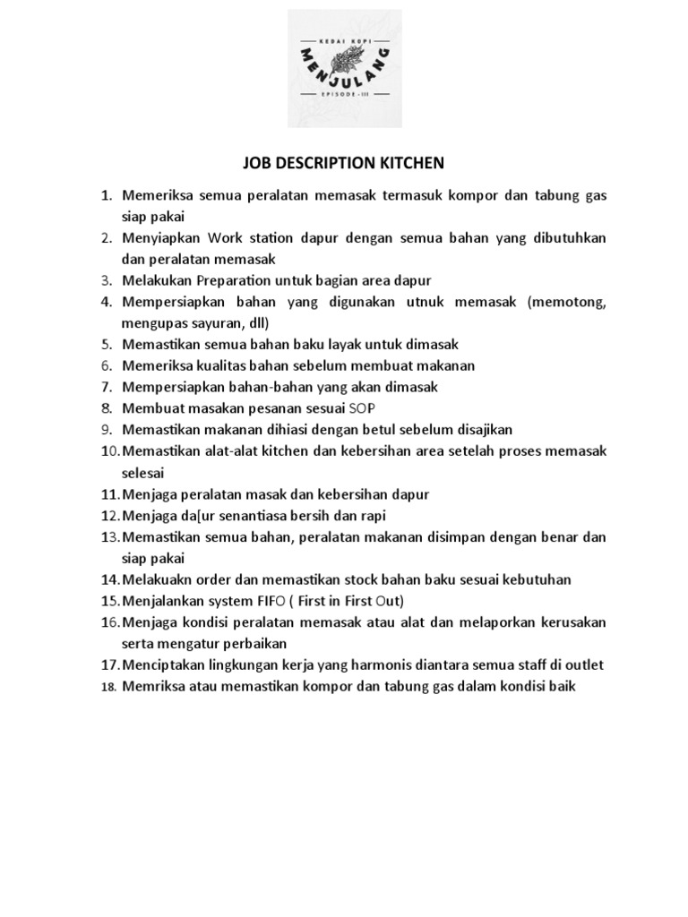 Job Description Kitchen | PDF