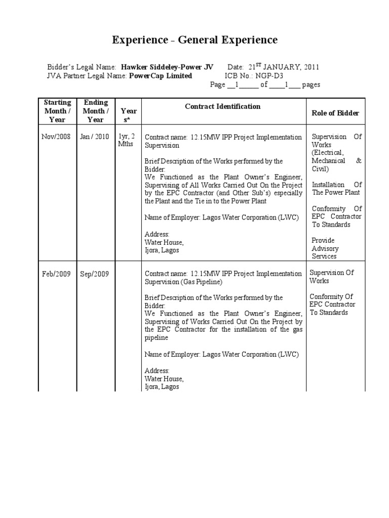 Hawker Siddeley-Power JV Project Experience | PDF | Fax | Electric Power