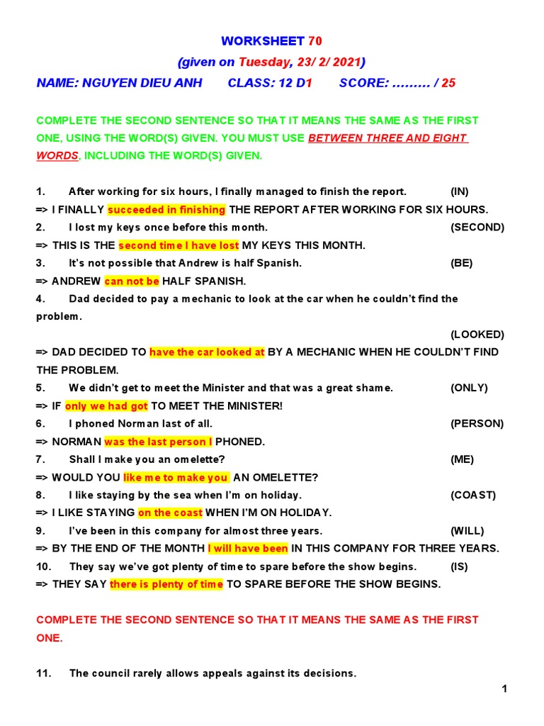 12 D1 - Worksheet 70 Key | PDF