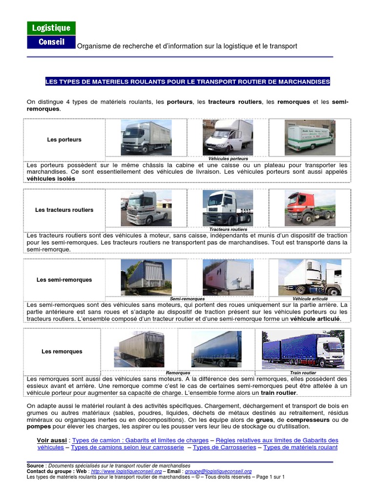 Types de matériels roulants routiers | PDF | Camion | Transport terrestre