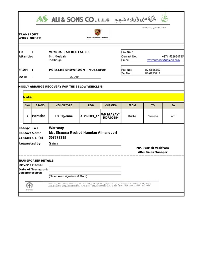 Porsche Vehicle Recovery Work Orders | PDF | Volkswagen Group | Car ...