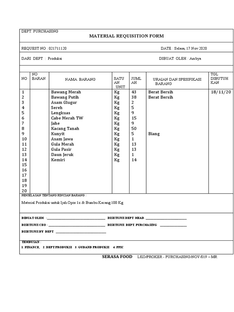 Formulir Permintaan Material Produksi | PDF