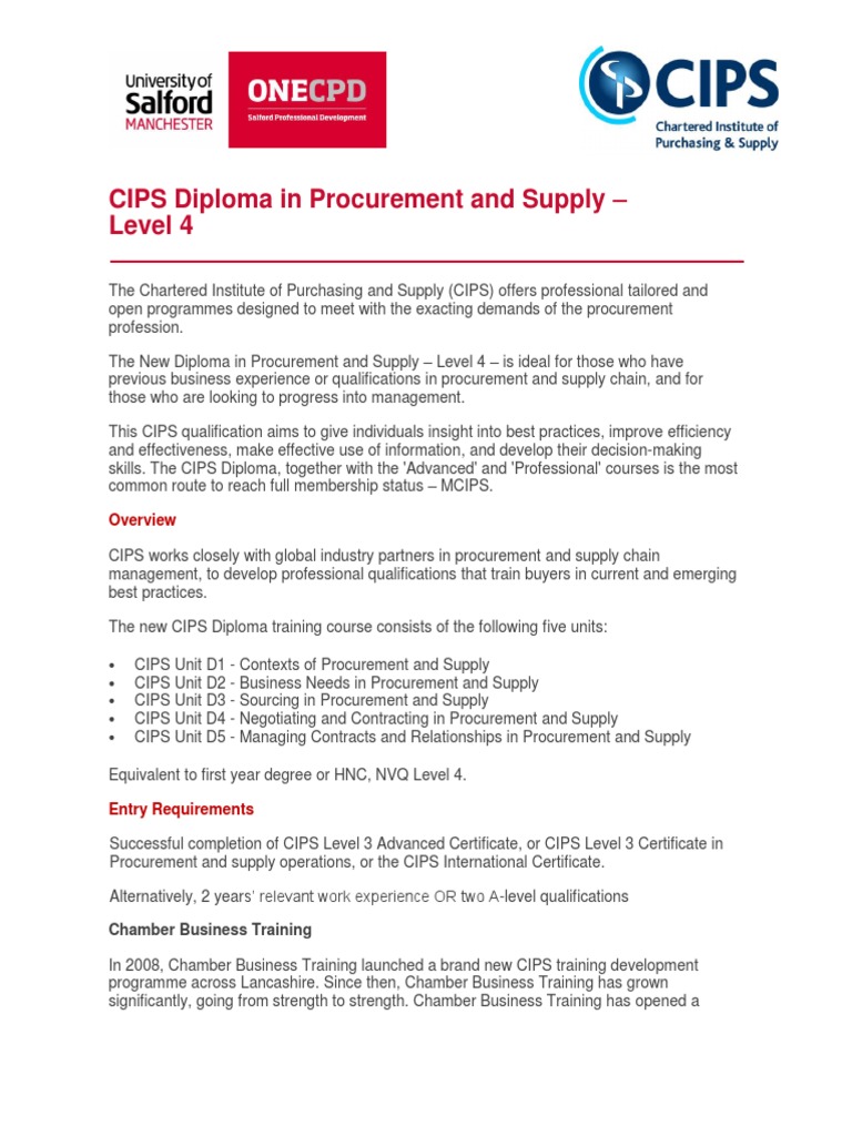 CIPS Diploma in Procurement and Supply - Level 4: Chamber Business ...