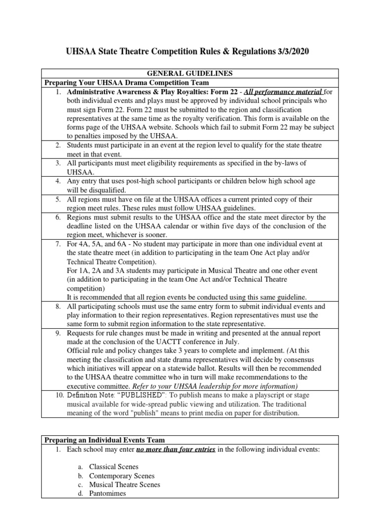 UHSAA Theatre Competition Rules and Regulations 2020 PDF Monologue