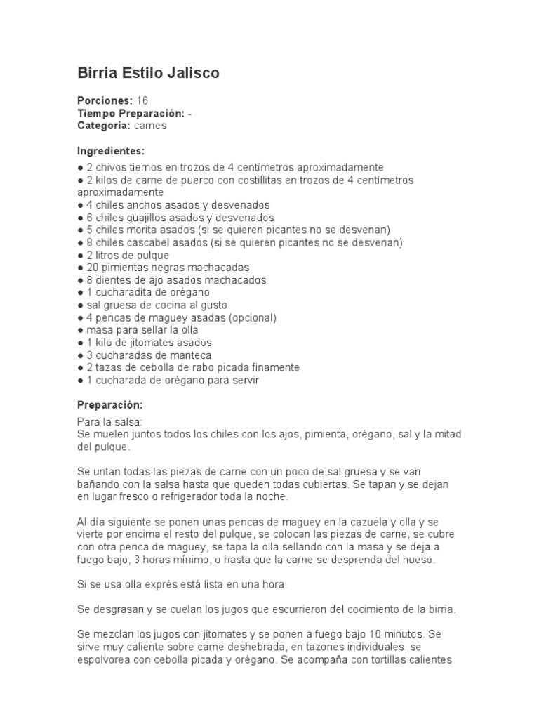 Receta Birria Estilo Jalisco | PDF | Parilla | Carne