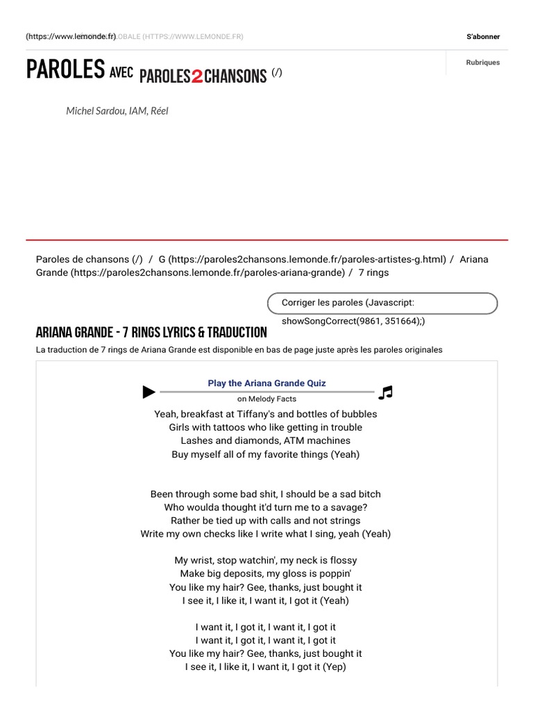 Ariana Grande 7 Rings Traduction Paroles: Ariana Grande - 7 Rings Lyrics & Traduction | PDF