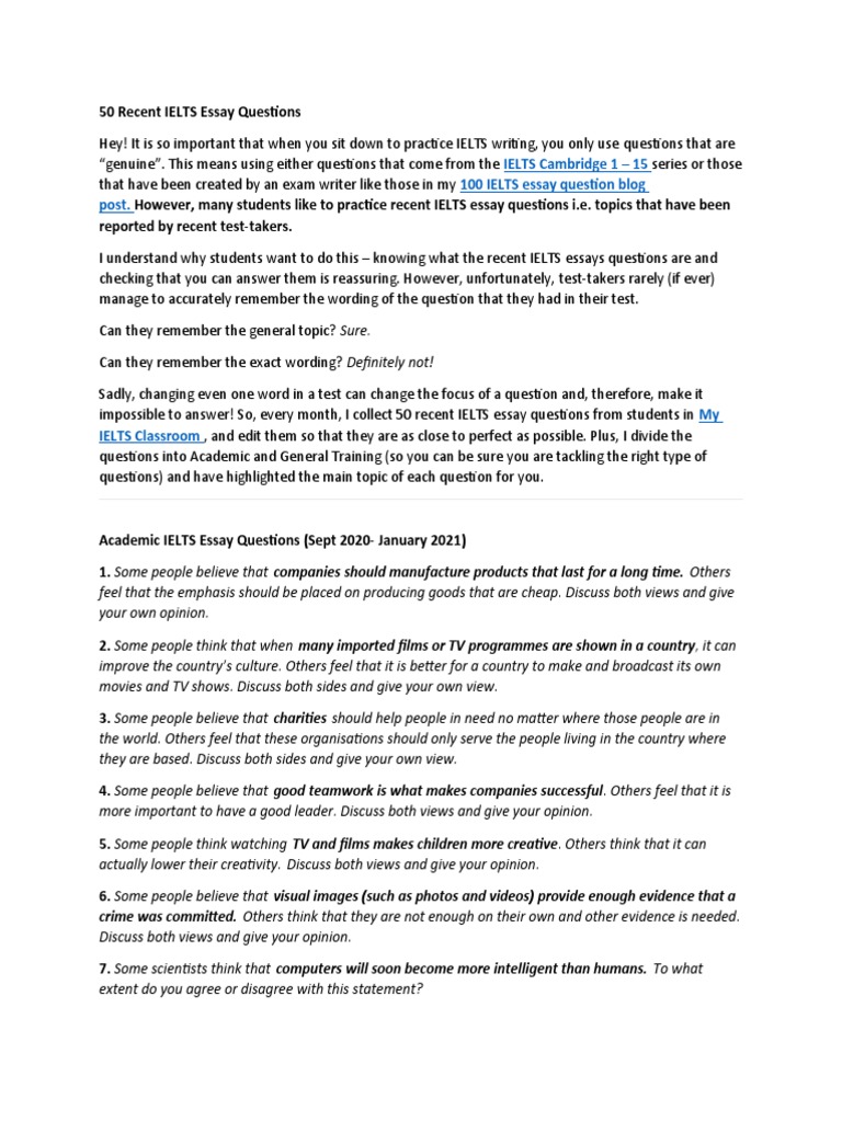 50 Recent IELTS Essay Questions | PDF | International English Language ...
