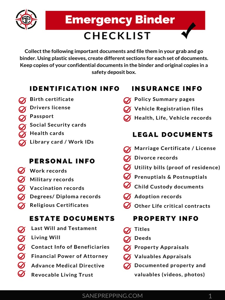 Emergency Binder Checklist | PDF | Identity Document | Government for Free Printable Emergency Binder Pdf