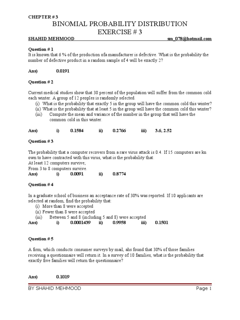 Solutions to Binomial Probability Distribution Practice Problems with ...