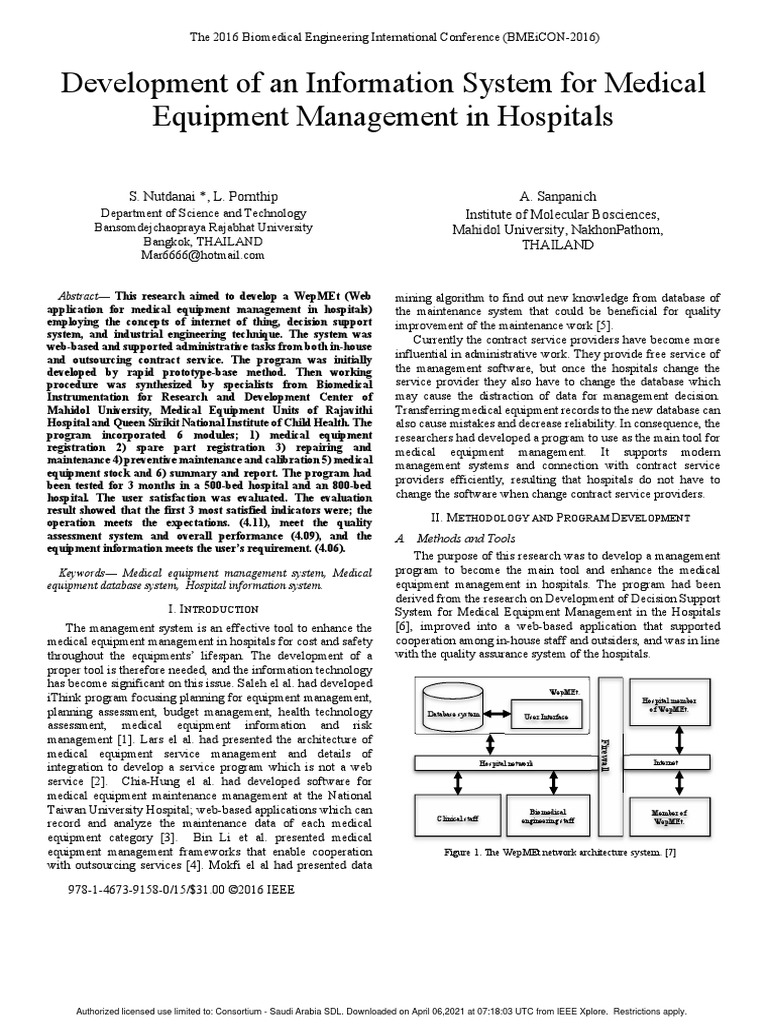 Development of An Information System For Medical Equipment Management