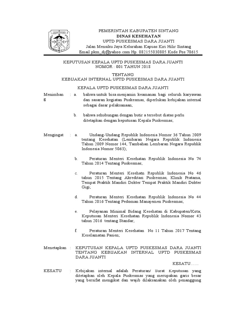 Kebijakan Internal Puskesmas Dara Juanti | PDF
