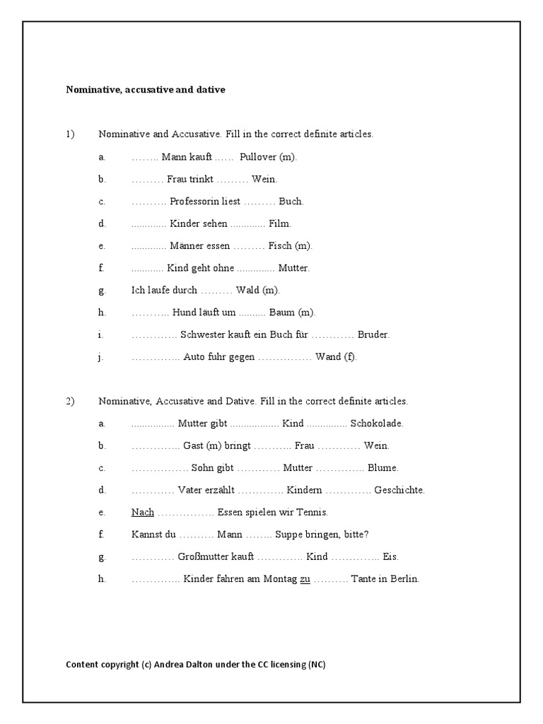 Nominativ, Akkusativ, Dativ Arbeitsblatt | PDF