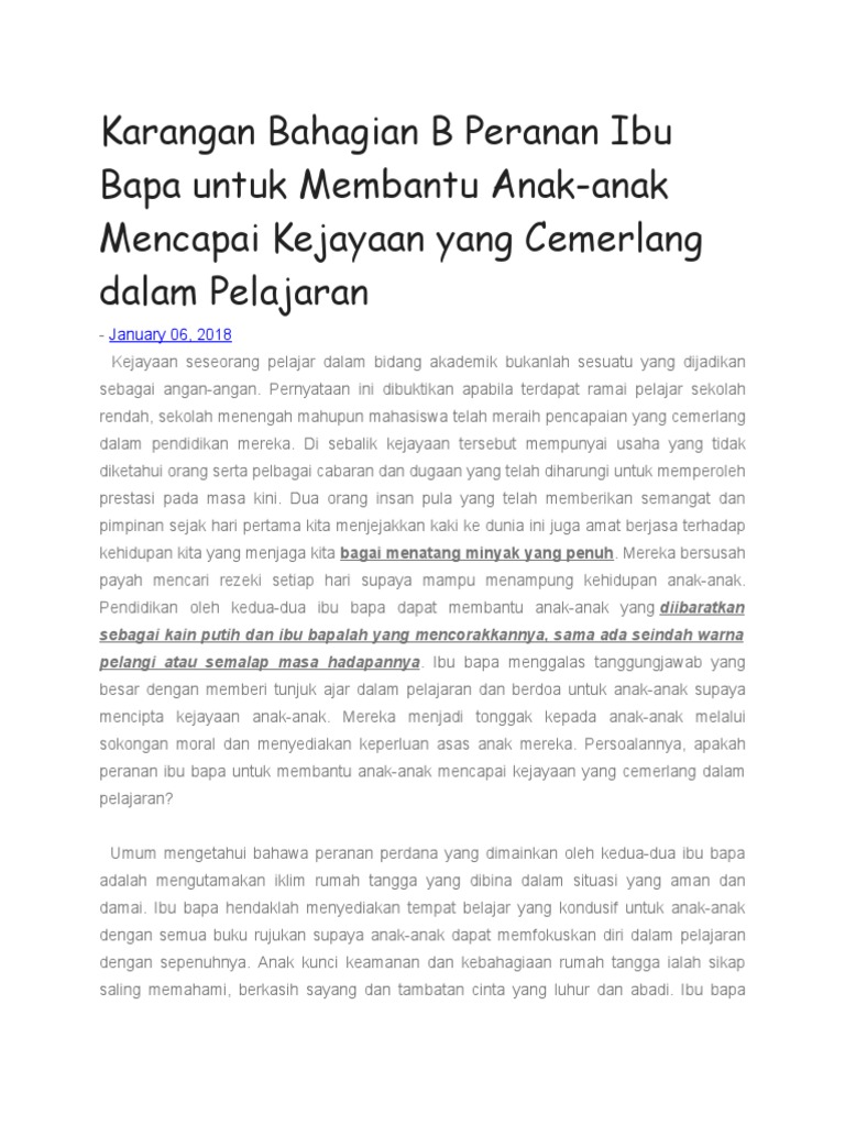 Karangan Bahagian B Peranan Ibu Bapa Untuk Membantu Anak Pdf