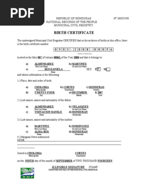 Translated Birth Certificate - Iris Daniela