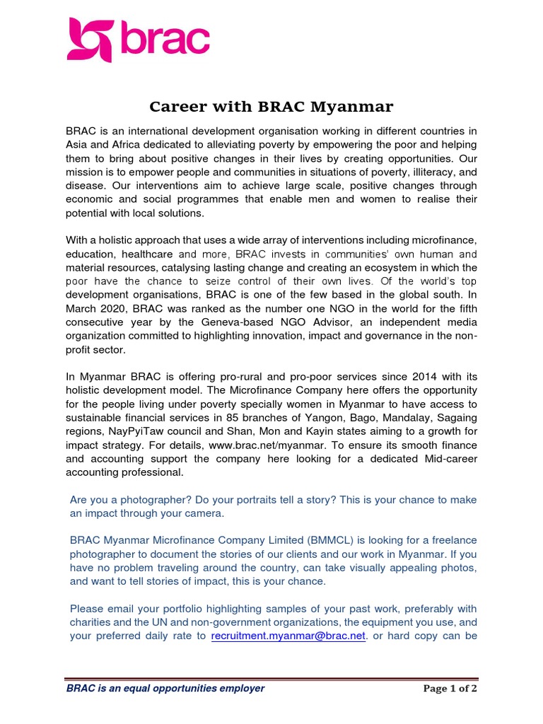 Career With BRAC Myanmar: BRAC Is An Equal Opportunities Employer | PDF ...