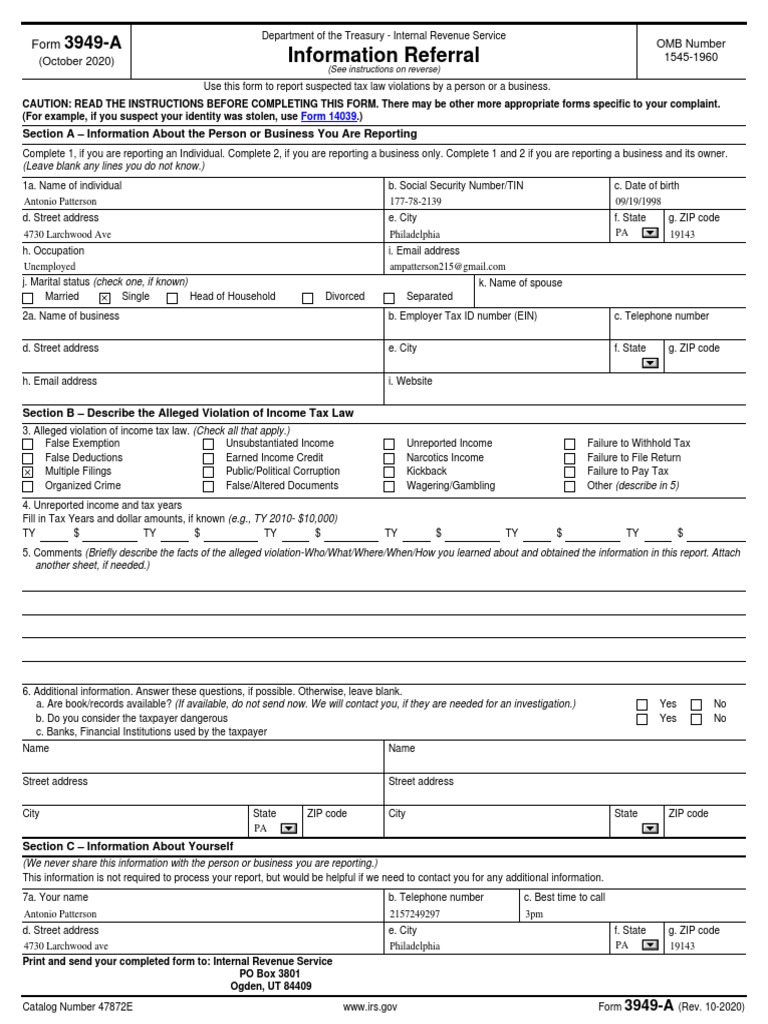 IRS Form 3949-A: Report Tax Violations | PDF | Irs Tax Forms | Taxation ...