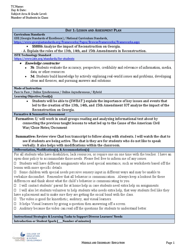 Lesson Plan 4 and Dossier | PDF | Reconstruction Era | Educational ...