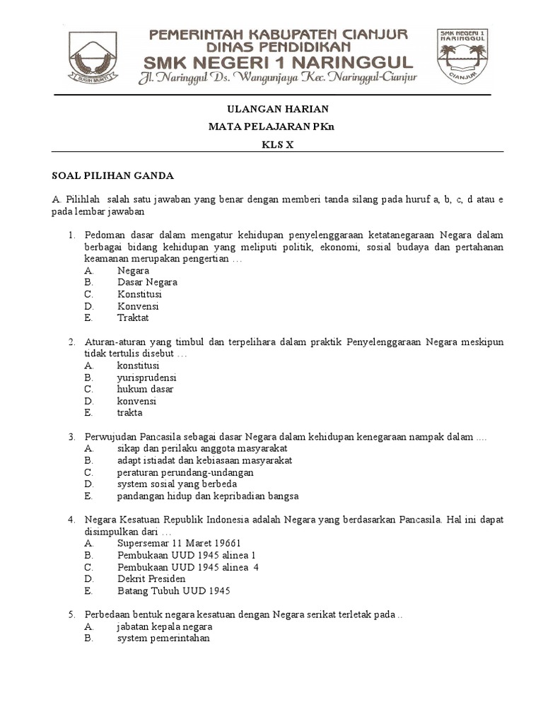 Soal Pkn Kls 10 Semester Ganjil K 13 Revisi