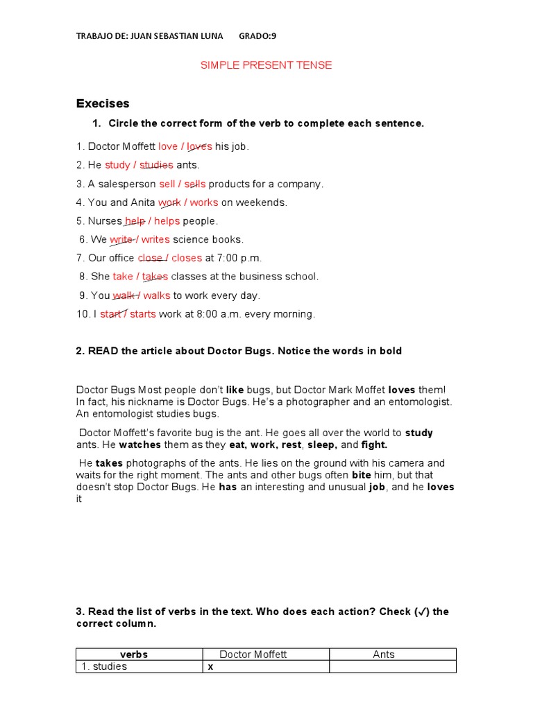 Execises: 1. Circle The Correct Form of The Verb To Complete Each ...