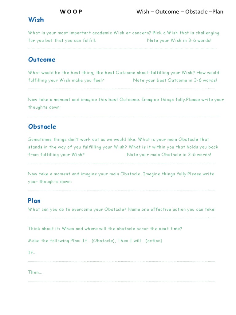 WOOP Planning Worksheet Guide | PDF