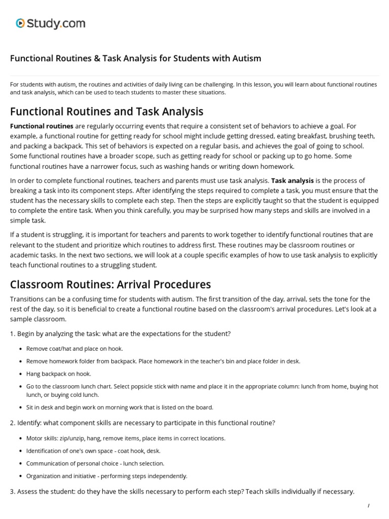Task Analysis for Autism Routines | PDF | Classroom | Autism
