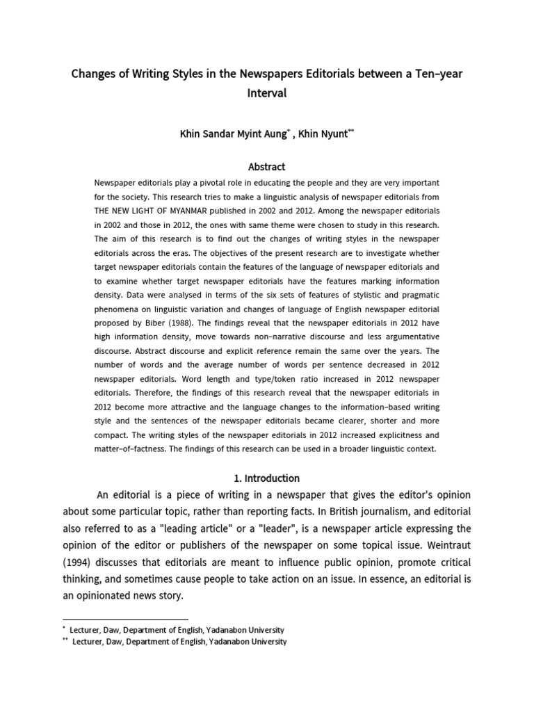 Changes of Writing Styles in The Newspapers Editorials Between A Ten ...