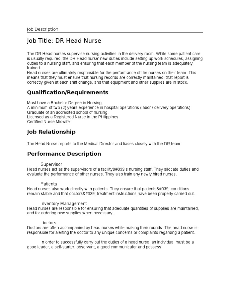 Job Description - Dr Head Nurse | Pdf