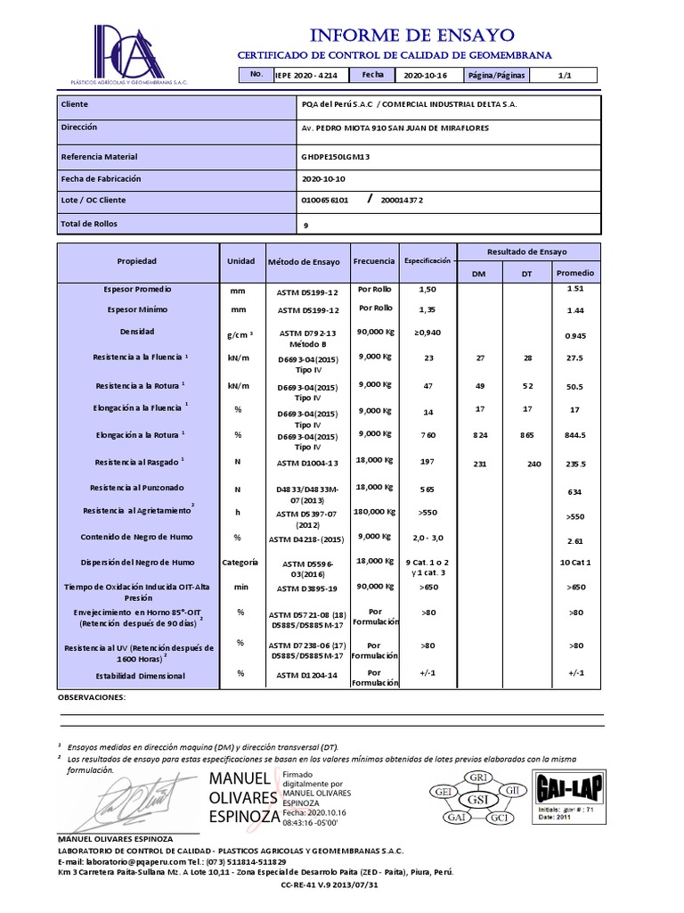 Informe de Calidad Geomembrana HDPE 1.5 mm | PDF | Tecnología