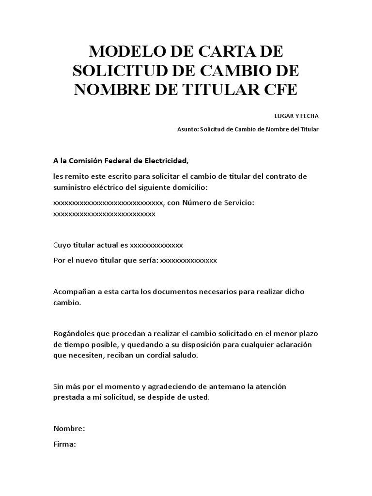 Modelo De Carta De Solicitud De Cambio De Nombre Cfe Pdf