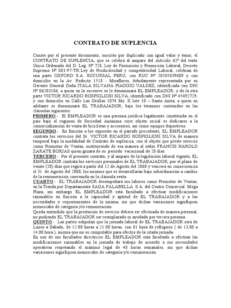 Contrato de Suplencia | PDF | Salario | Tiempo de trabajo