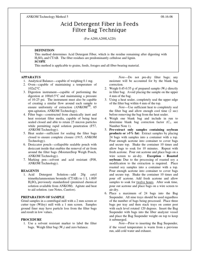 Acid Detergent Fiber Method PDF Filtration Water