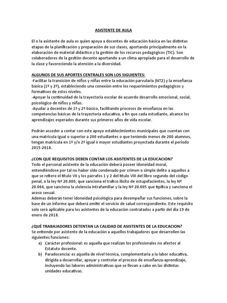 Rol y funciones del asistente de aula | PDF | Salón de clases ...