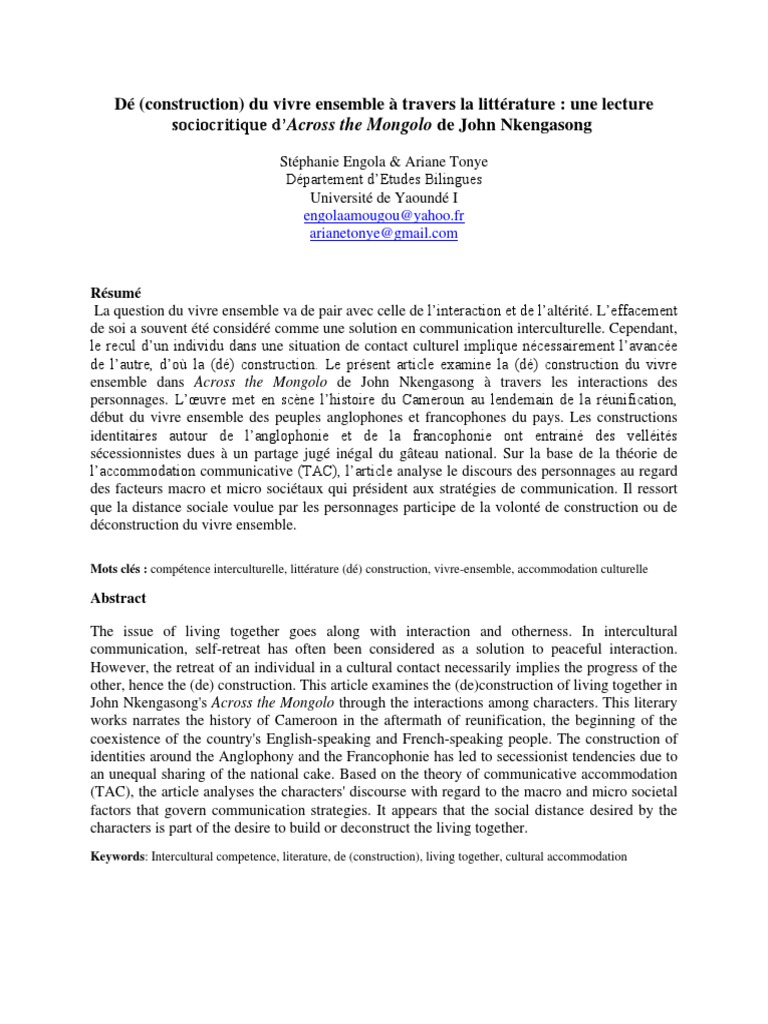 Communication Engola Tonye | PDF | Traductions | Assimilation culturelle