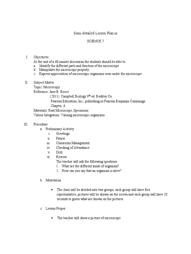 Grade 7 Microscope Lesson Plan | PDF | Microscope | Lesson Plan