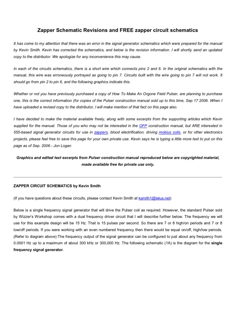 ORGON ZAPPER Zapper Schematic Revisions and FREE Zapper Circuit