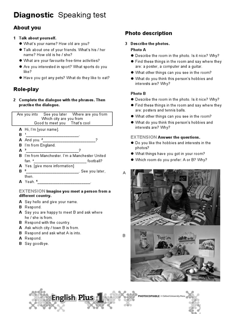 Diagnostic Speaking Test: About You Photo Description | PDF