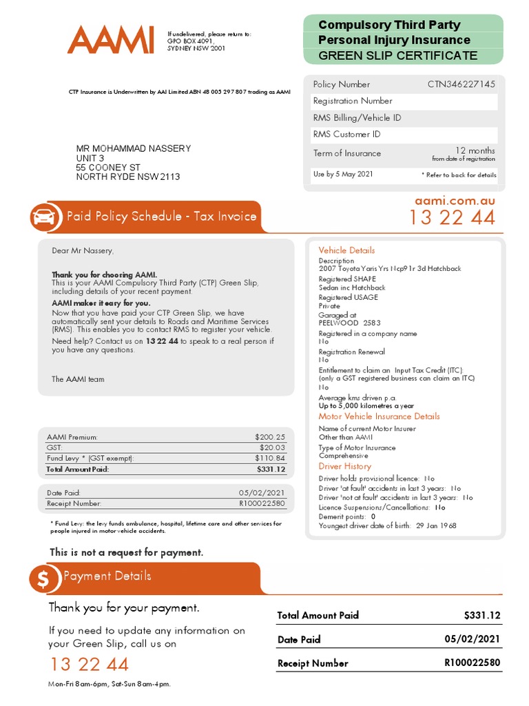 CTP Insurance Green Slip CTN3462271451 PDF Vehicle Insurance