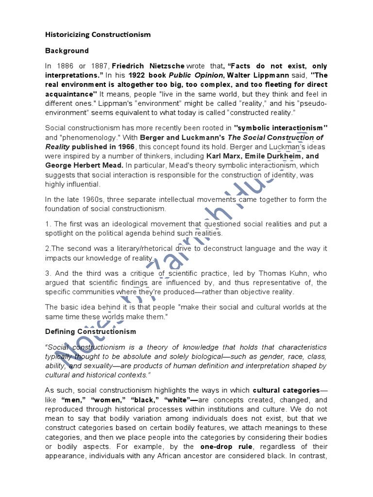 History of SOcial COnstructionism PDF Social Constructionism Gender