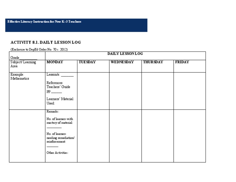 Daily Lesson Log Template for K-3 | PDF