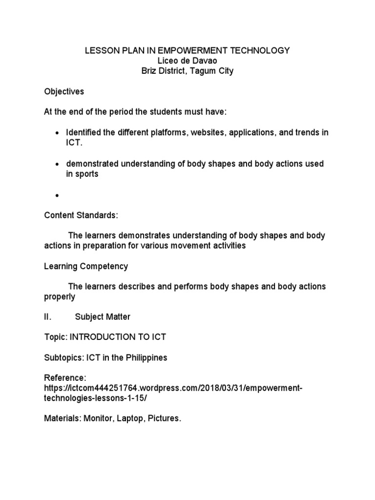 Empowerment Technology Lesson Plan | PDF | Career & Growth